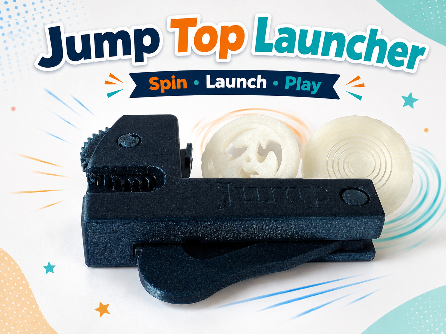 3D printed Jump Top Launcher with two glow-in-the-dark spinning tops