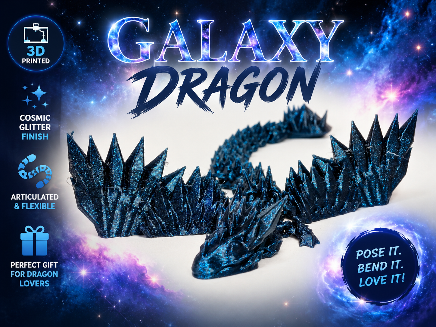 Deep blue glittery 3D printed articulated galaxy dragon with crystal spines