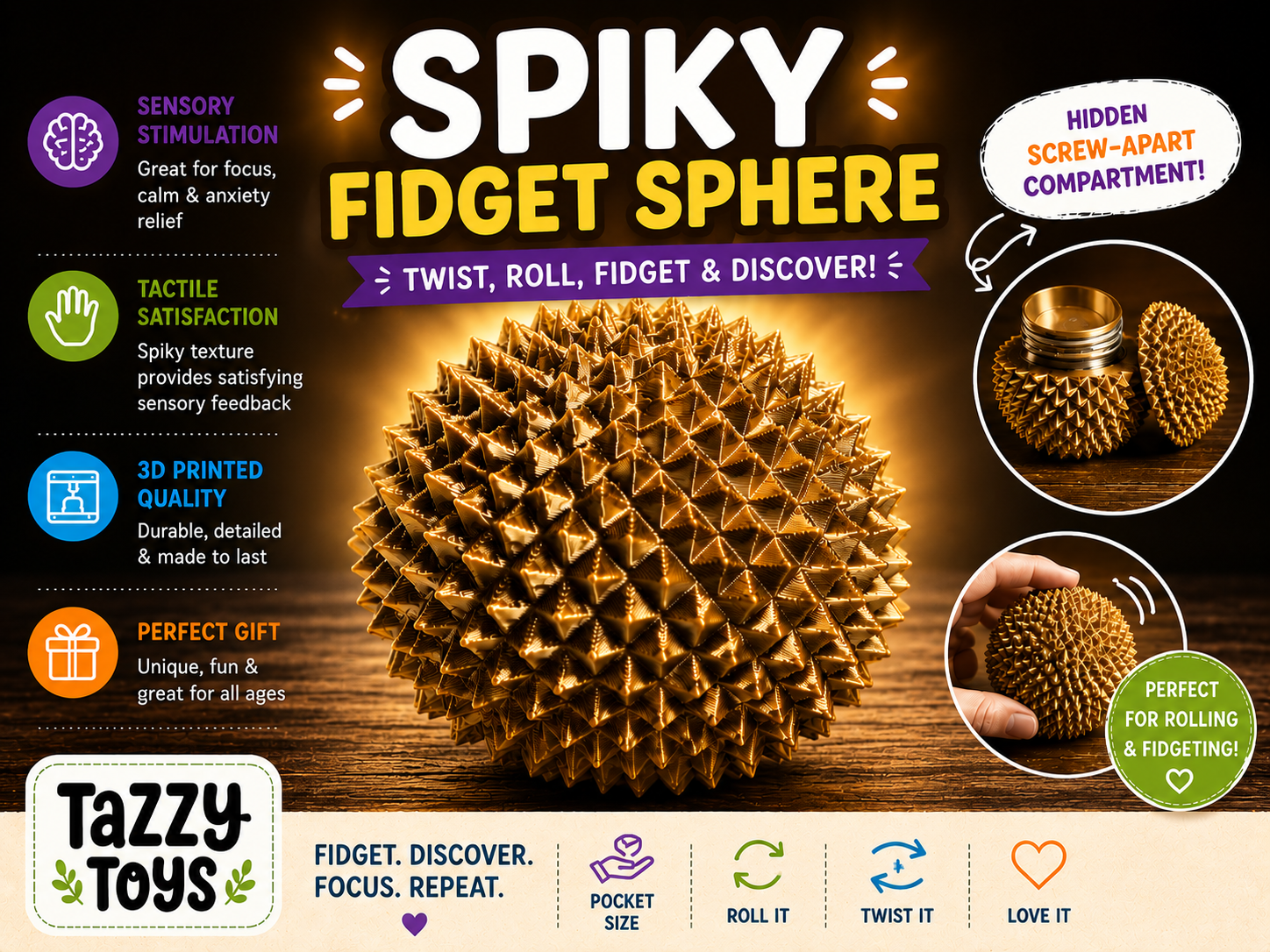 Gold 3D printed spiky fidget sphere