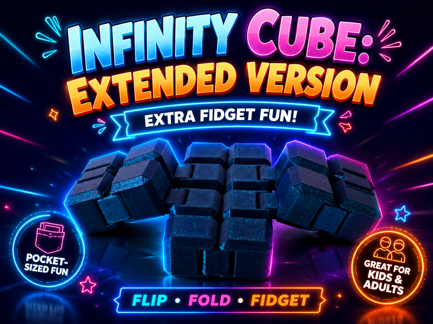 3D printed extended infinity cube fidget toy in galaxy blue